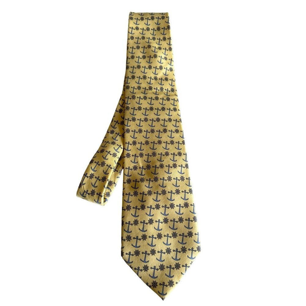 Vineyard Vines Yellow Silk Neck Tie Blue Anchor Print‎